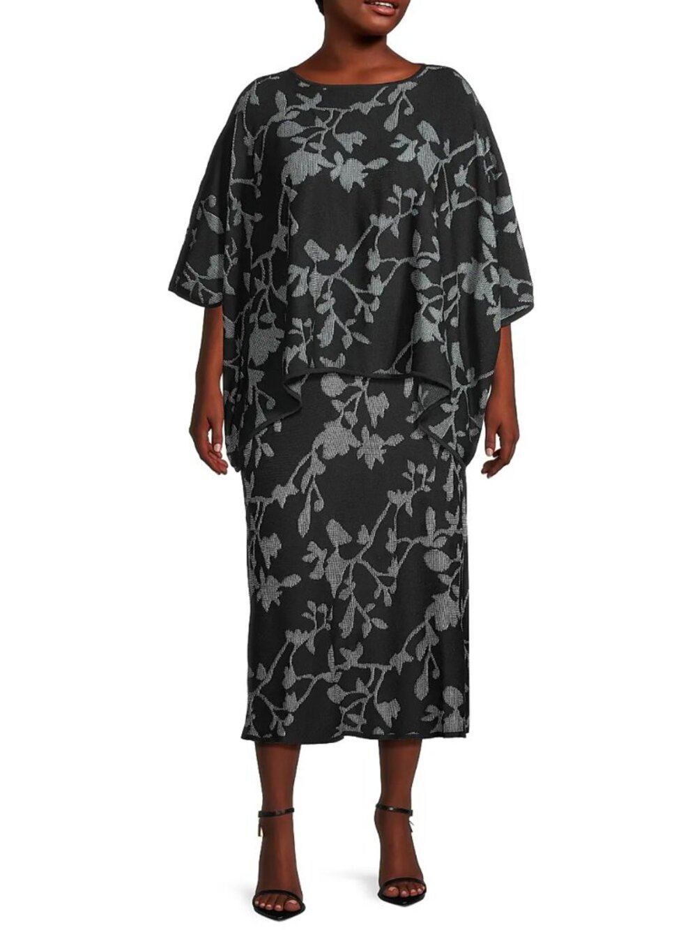 Ming Wang NWT Floral Jacquard Poncho Skirt Set L/XL Black Gray